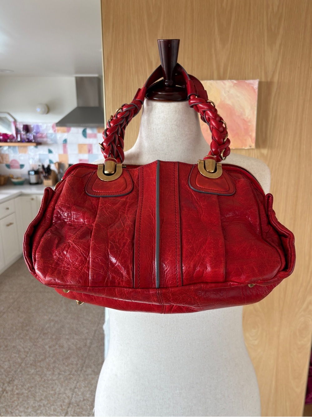 Chloé Heloise Satchel Red Leather Braided Handle Bag